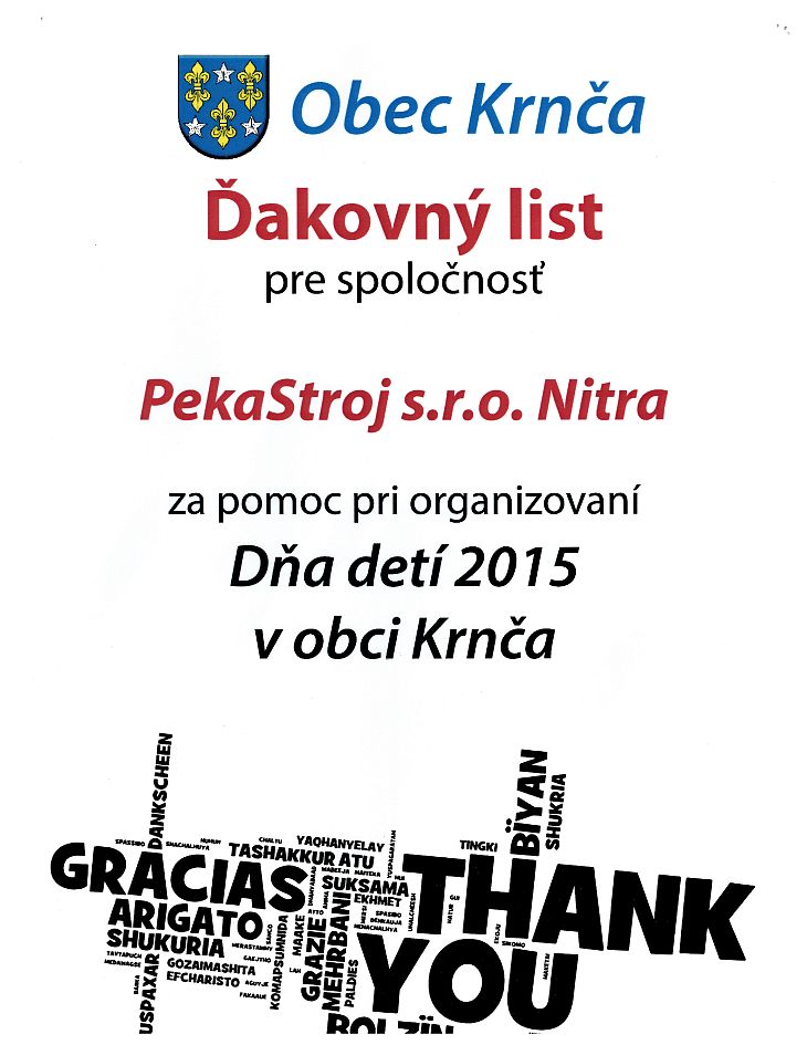poďakovanie pre Pekastroj od obce Krnca